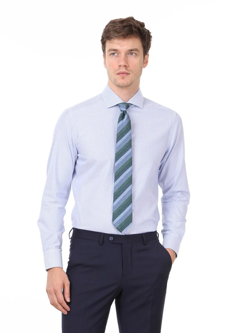 Blue Striped Regular Fit Weaving Classical 100% Cotton Shirt - 1