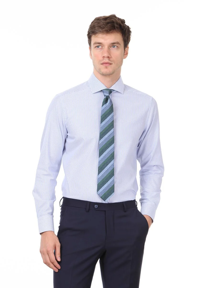 Blue Striped Regular Fit Weaving Classical 100% Cotton Shirt - 1