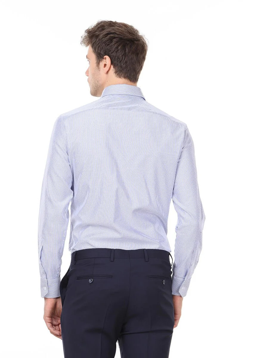 Blue Striped Regular Fit Weaving Classical 100% Cotton Shirt - 4