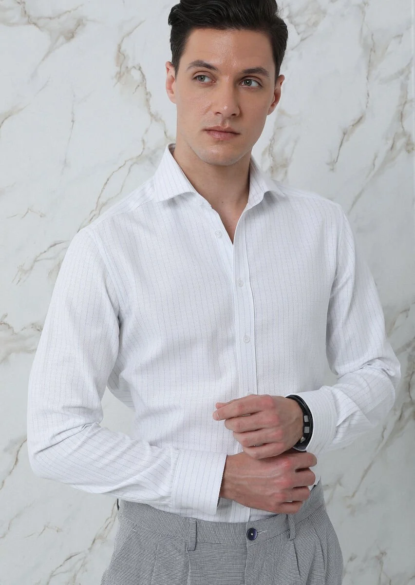 Blue Striped Regular Fit Weaving Classical 100% Cotton Shirt - 1