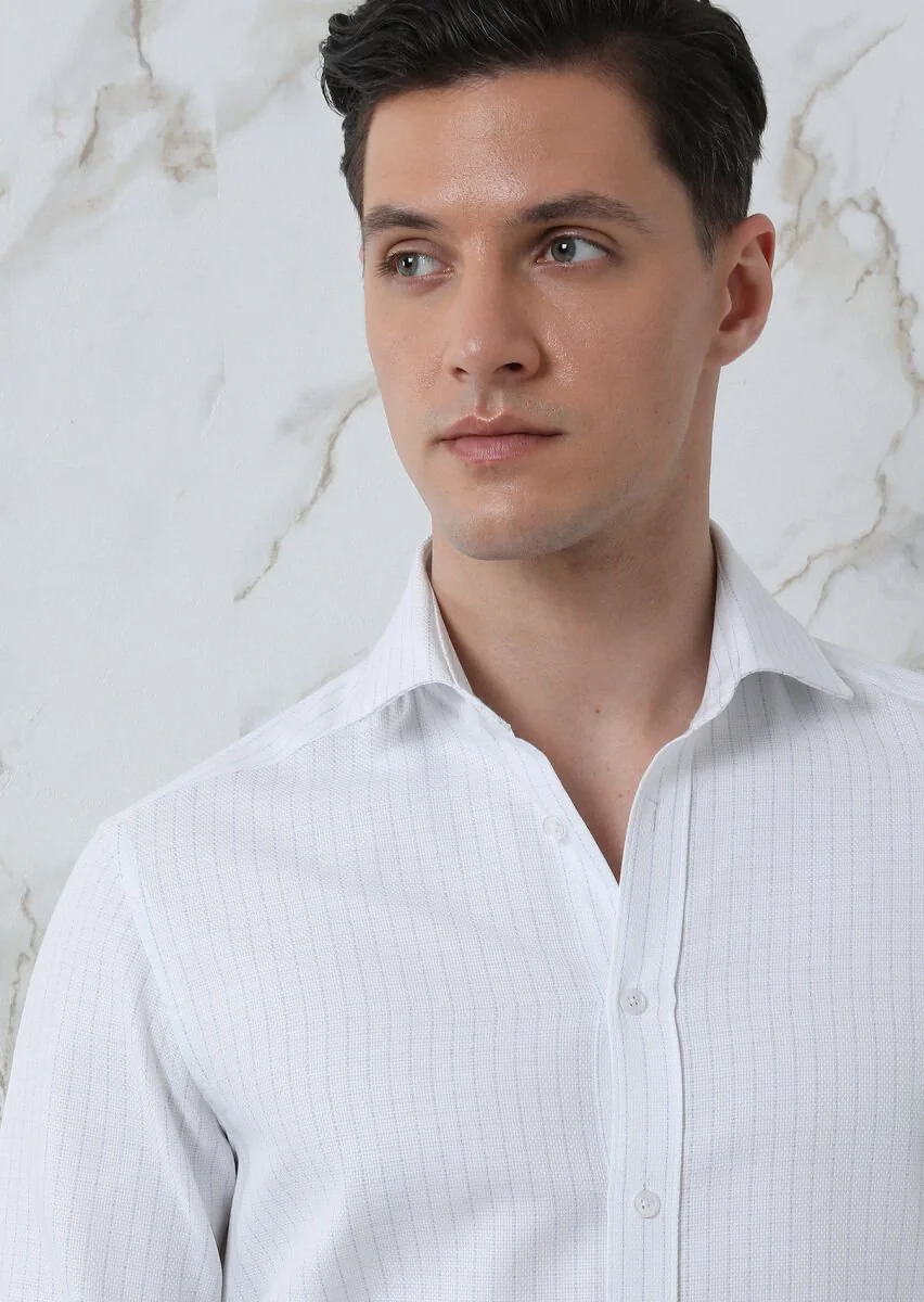 Blue Striped Regular Fit Weaving Classical 100% Cotton Shirt - 3