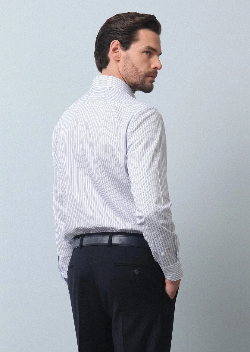 Blue Striped Regular Fit Weaving Classical 100% Cotton Shirt - 5