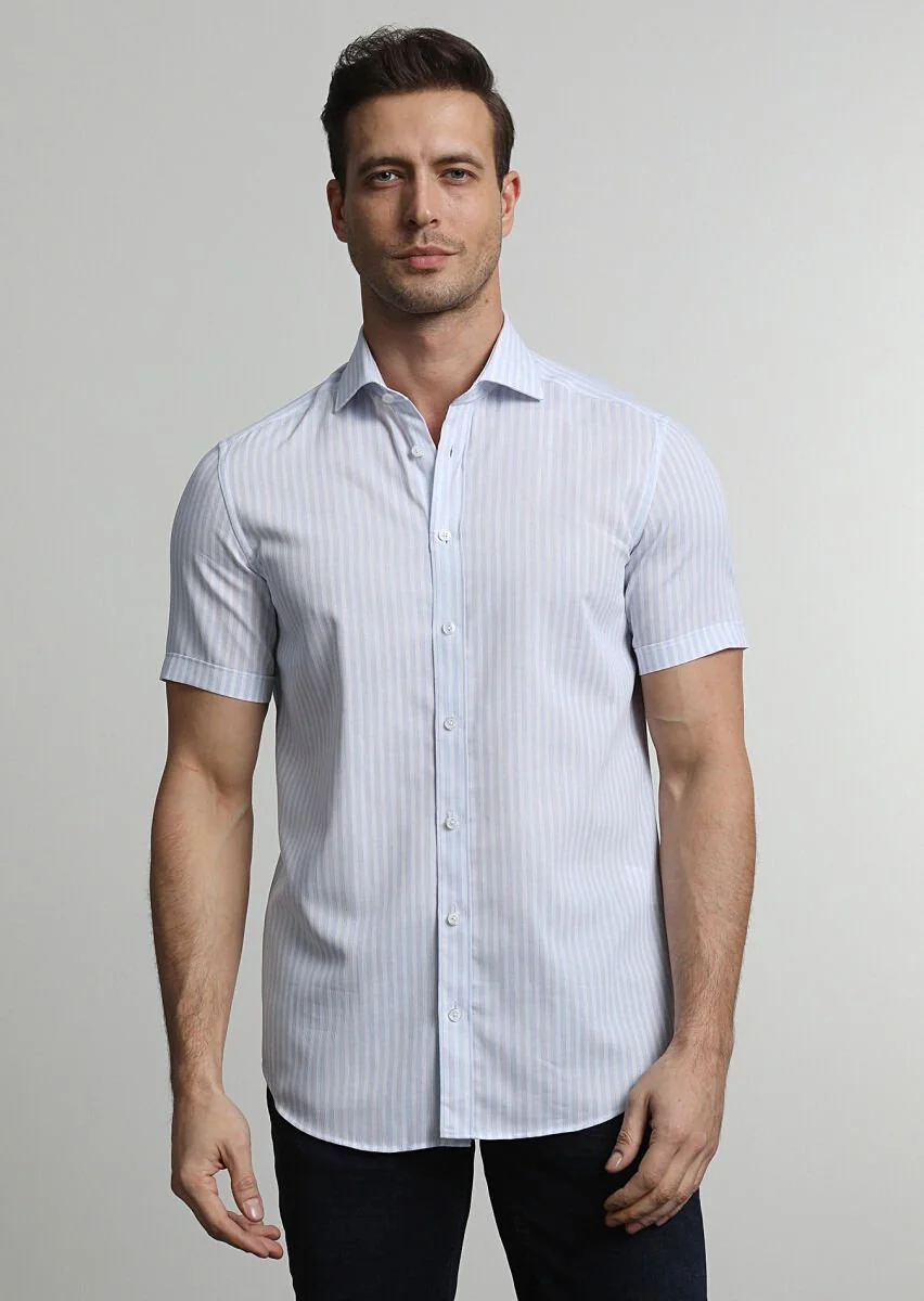 Blue Striped Regular Fit Weaving Classical 100% Cotton Shirt - 1