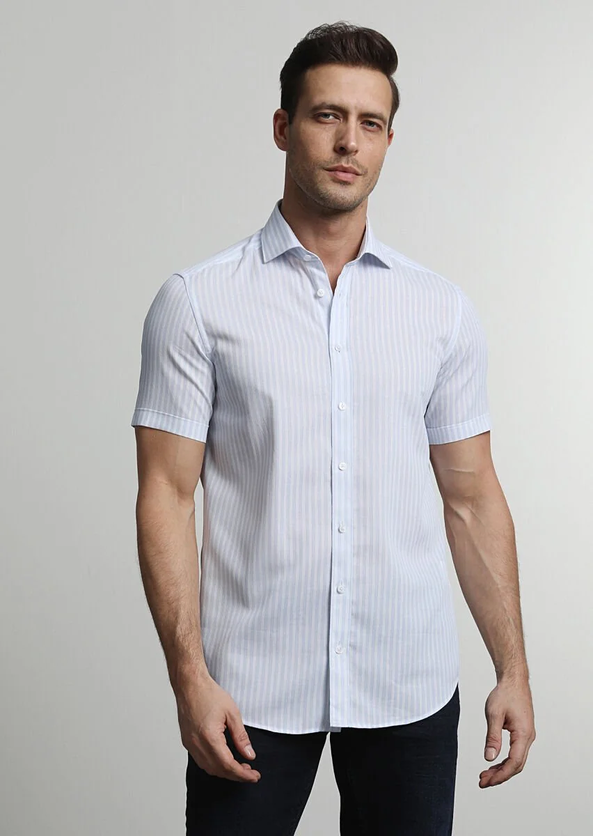 Blue Striped Regular Fit Weaving Classical 100% Cotton Shirt - 3