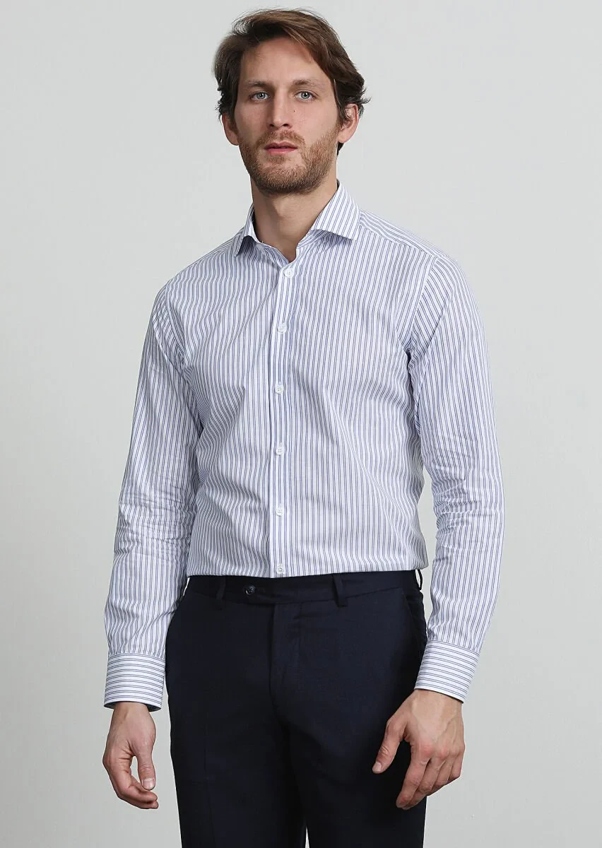 Blue Striped Regular Fit Weaving Classical 100% Cotton Shirt - 3