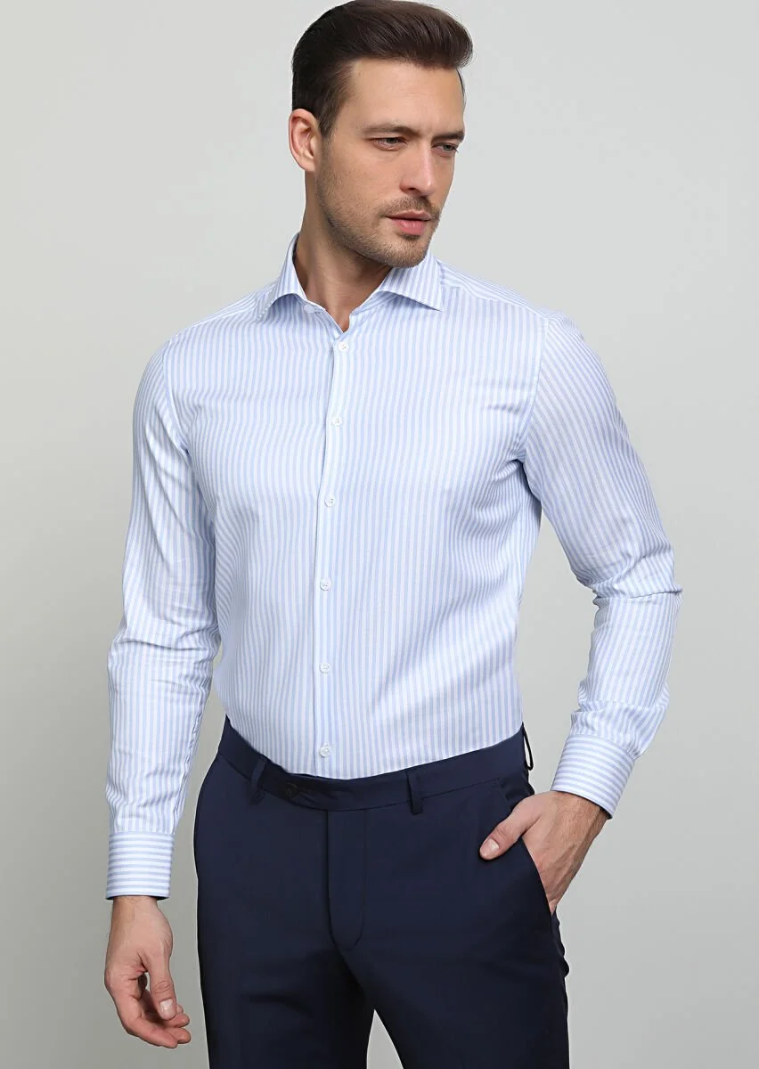 Blue Striped Regular Fit Weaving Classical 100% Cotton Shirt - 1