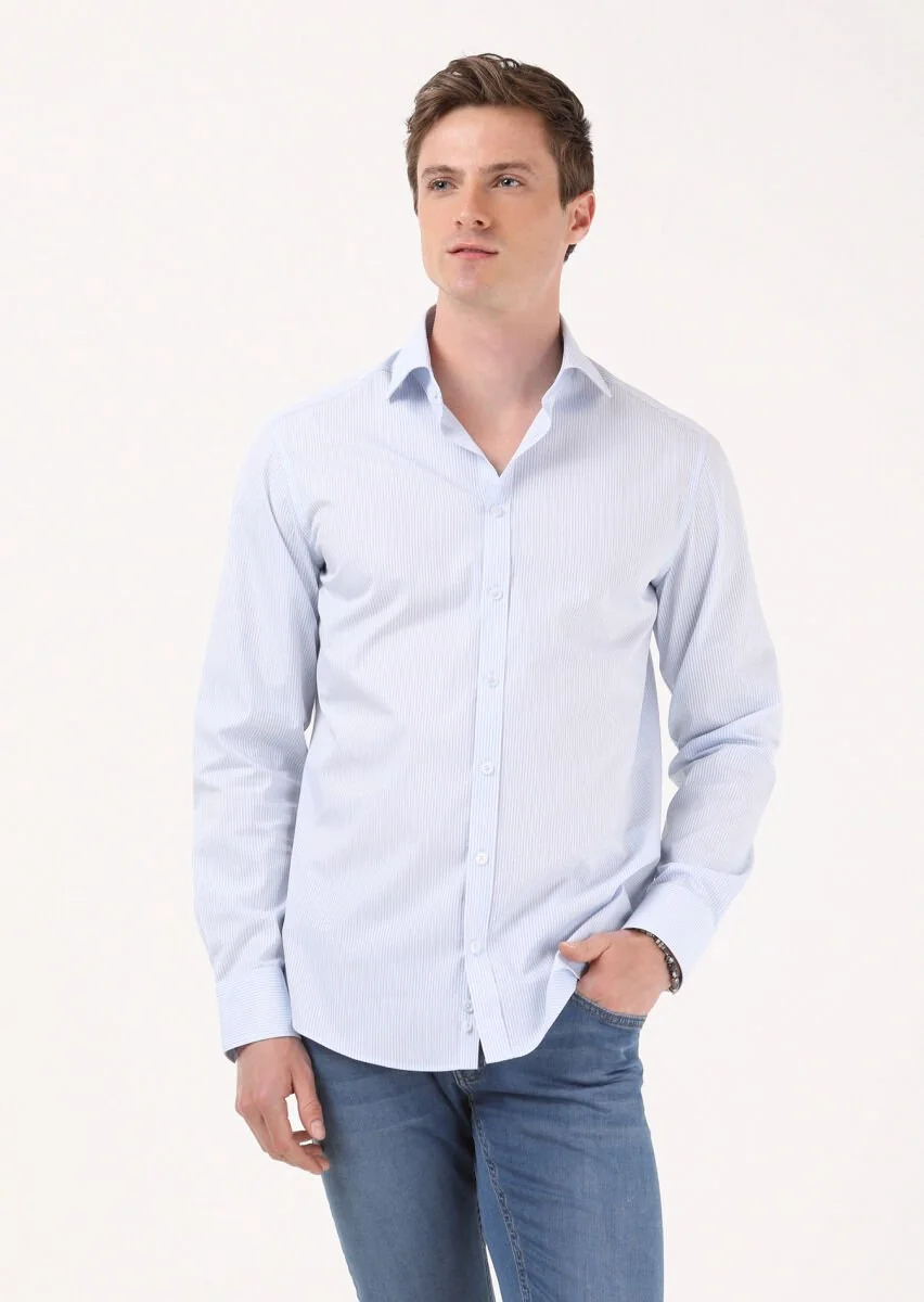 Blue Striped Regular Fit Weaving Classical 100% Cotton Shirt - 3