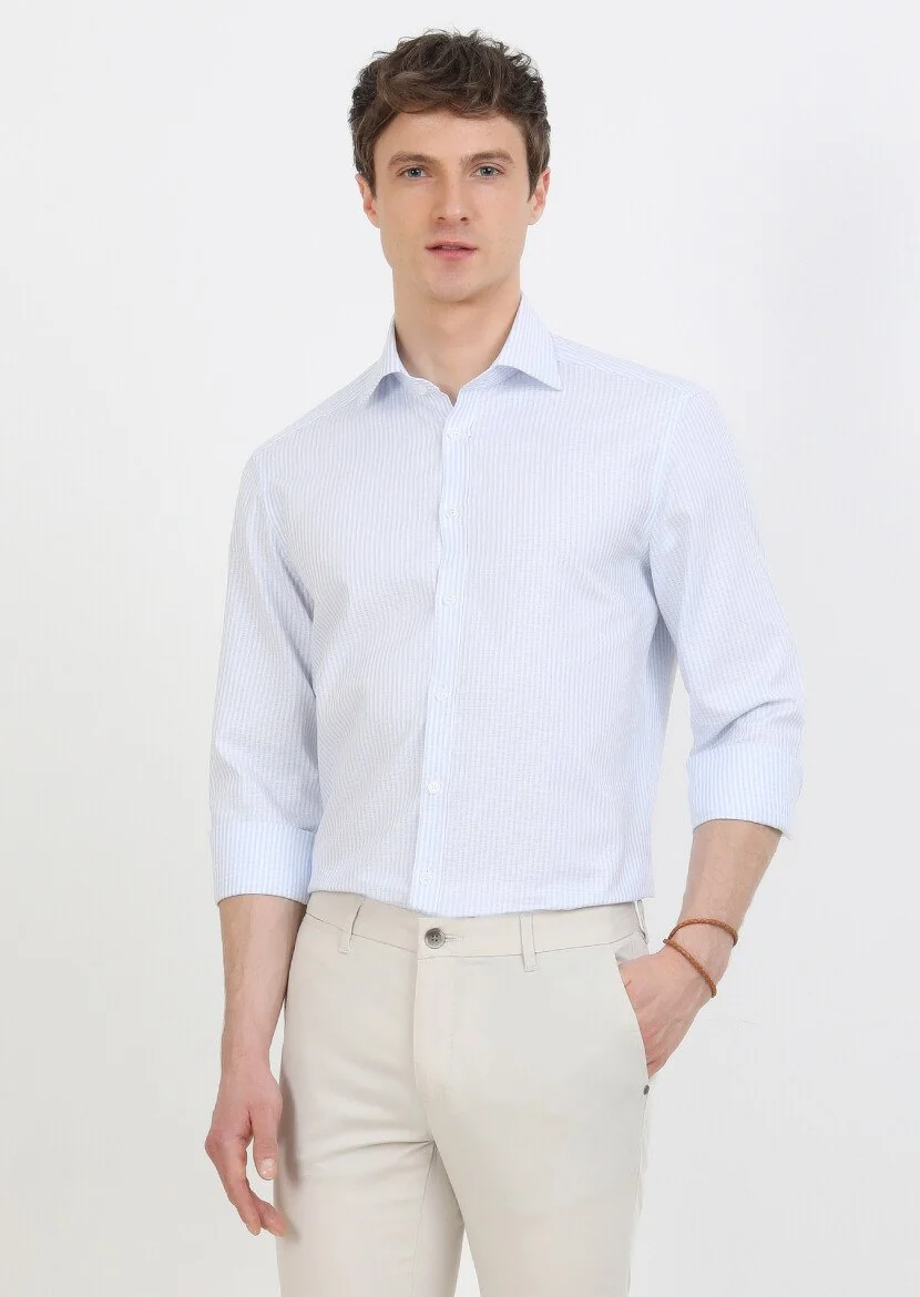 Blue Striped Regular Fit Weaving Classical 100% Cotton Shirt - 4