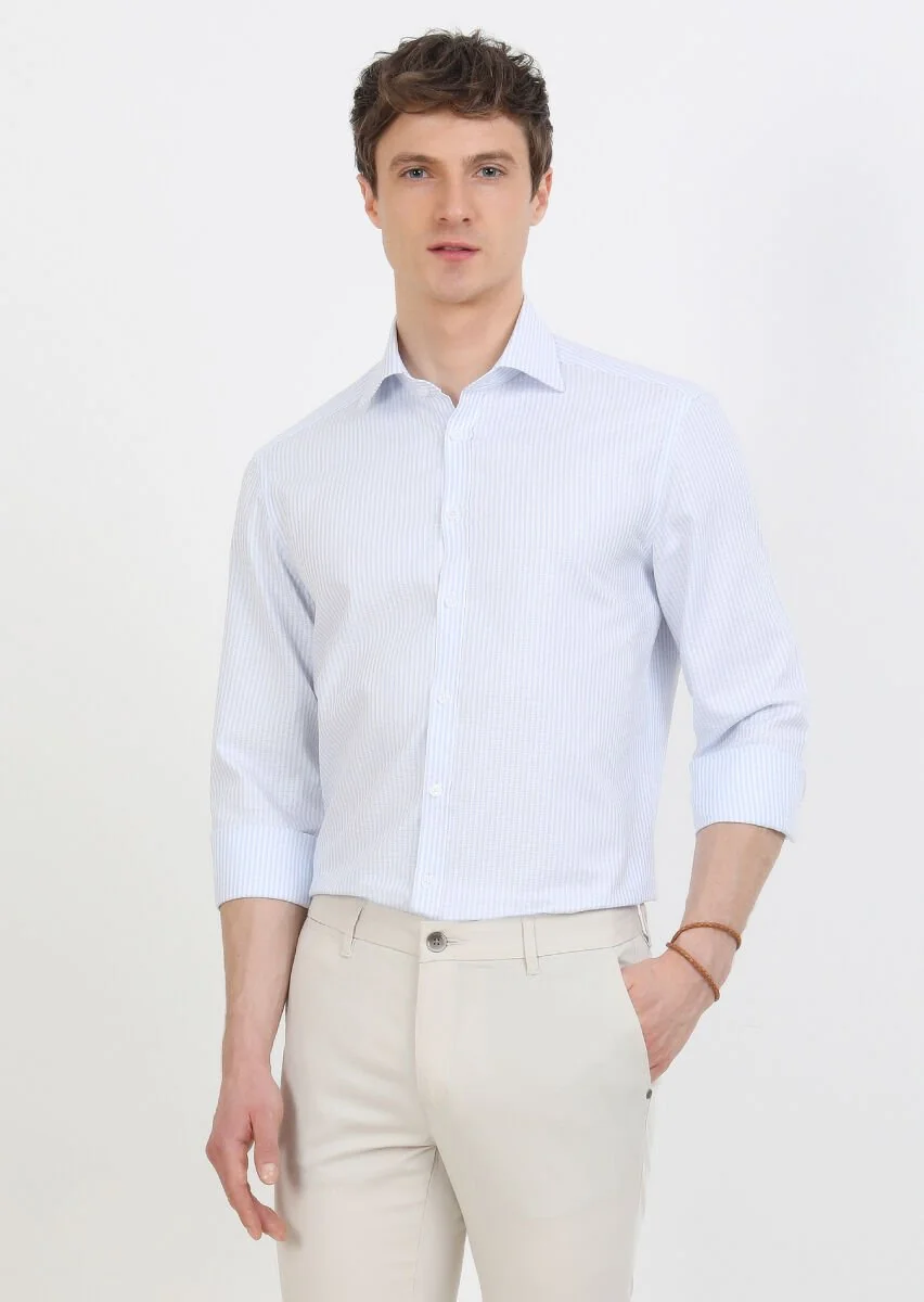 Blue Striped Regular Fit Weaving Classical 100% Cotton Shirt - 4