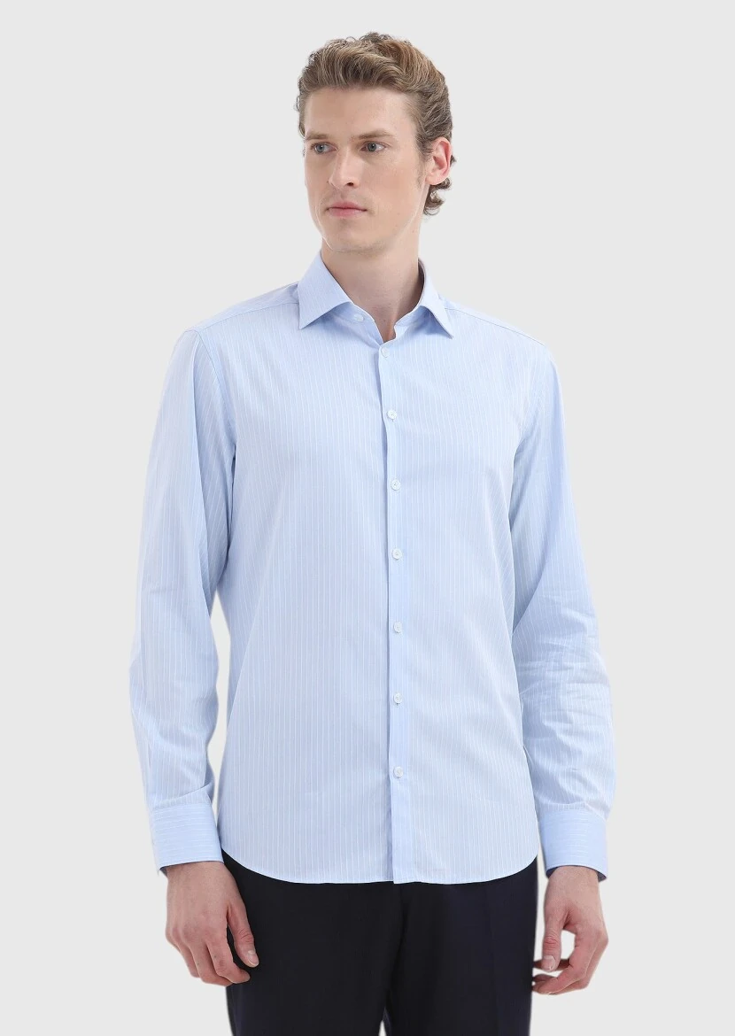Blue Striped Regular Fit Weaving Classical 100% Cotton Shirt - 2