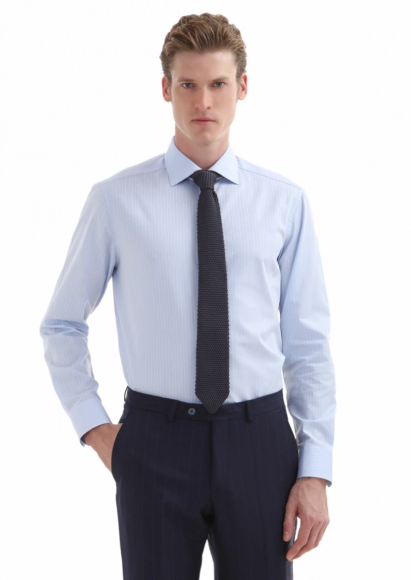 Blue Striped Regular Fit Weaving Classical 100% Cotton Shirt - 2