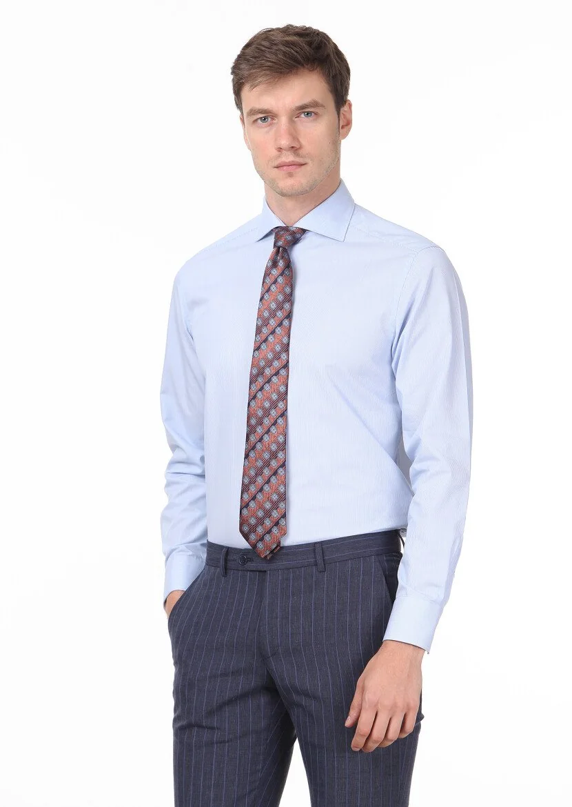 Blue Striped Regular Fit Weaving Classical Cotton Blended Shirt - 1