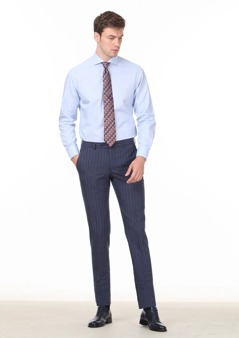 Blue Striped Regular Fit Weaving Classical Cotton Blended Shirt - 3