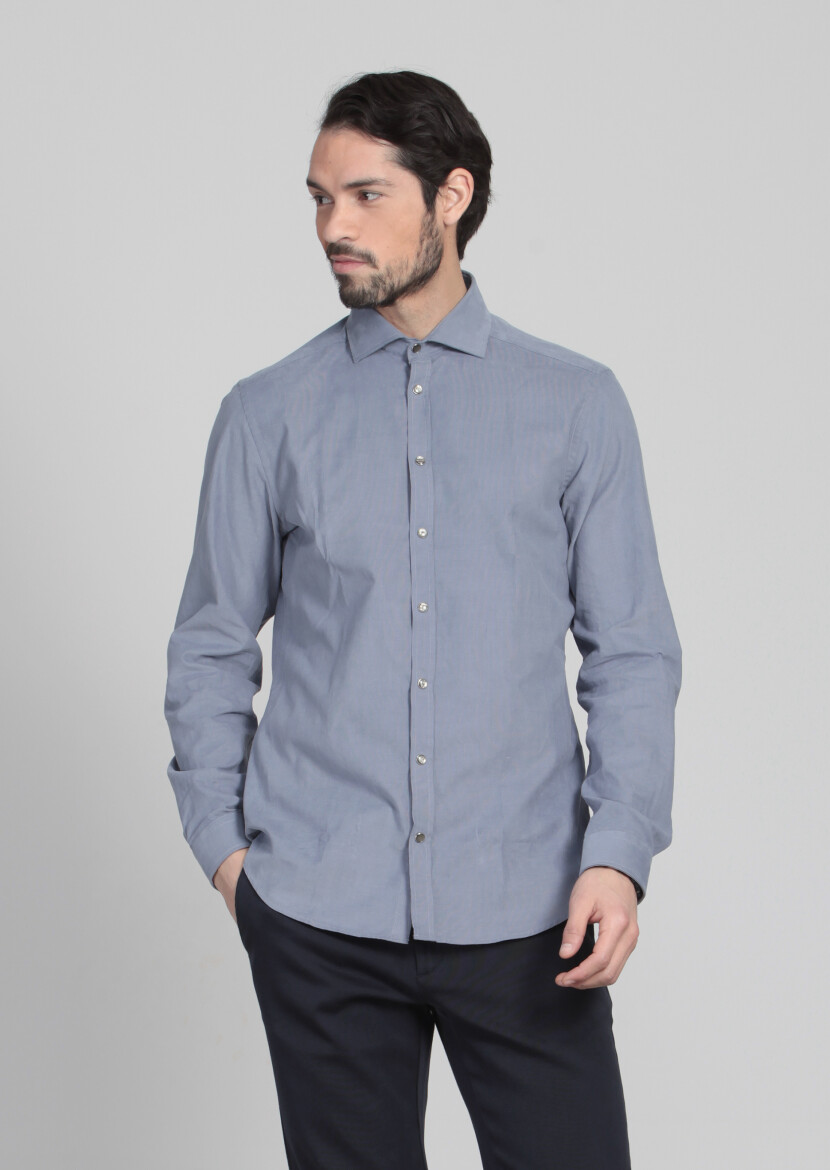 Blue Striped Slim Fit Long Weaving Casual Cotton Blended Shirt 