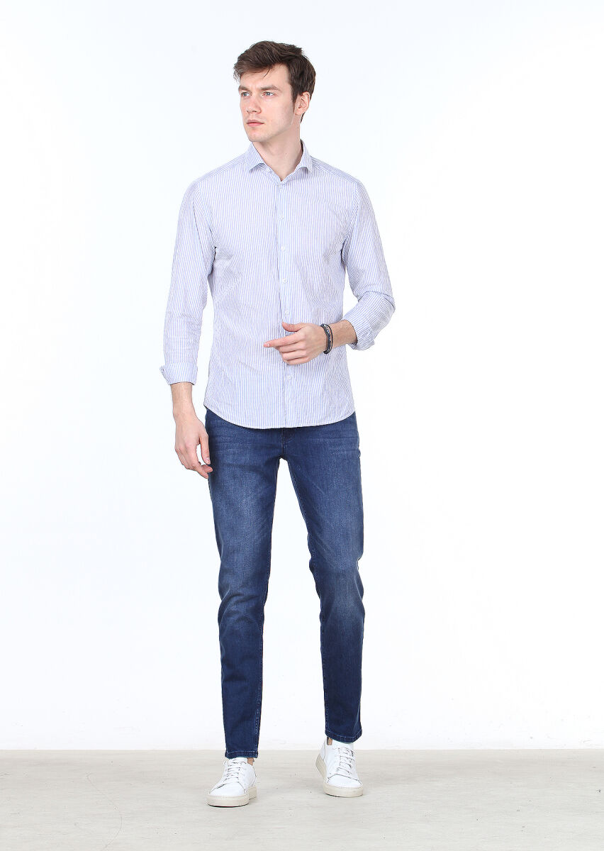 Blue Striped Slim Fit Long Weaving Casual Cotton Blended Shirt - 2