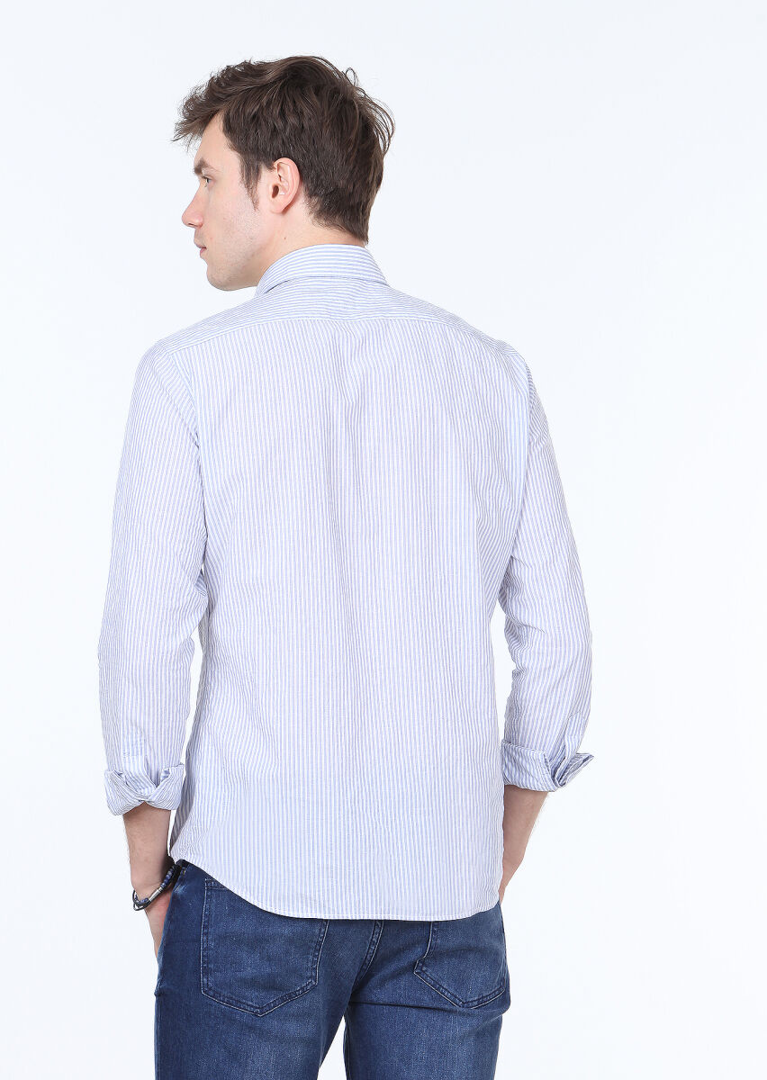 Blue Striped Slim Fit Long Weaving Casual Cotton Blended Shirt - 4