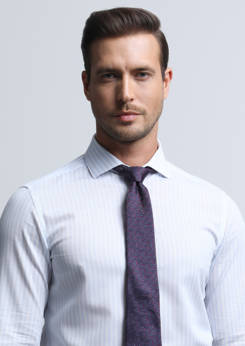 Blue Striped Slim Fit Long Weaving Classical 100% Cotton Shirt - 1