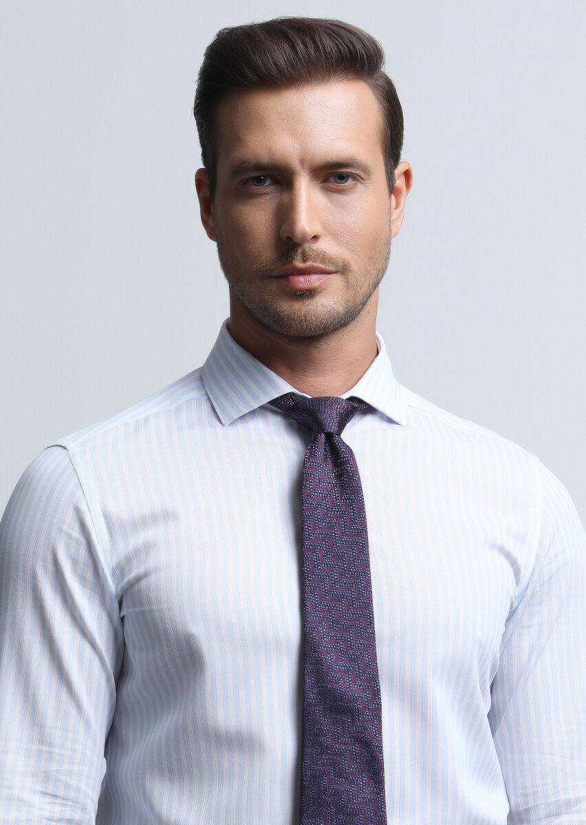 Blue Striped Slim Fit Long Weaving Classical 100% Cotton Shirt - 1
