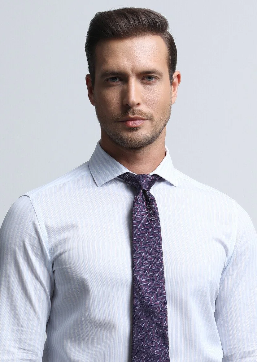 Blue Striped Slim Fit Weaving Classical 100% Cotton Shirt - 1