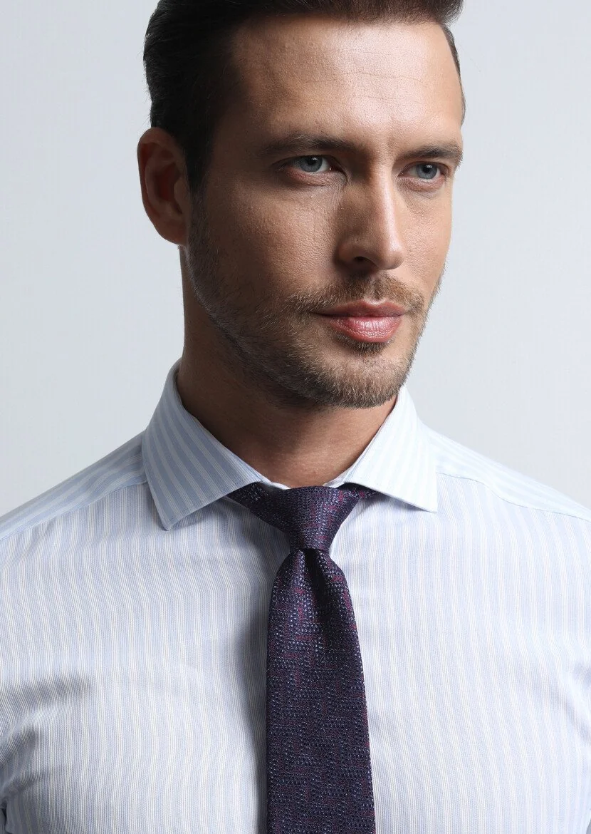 Blue Striped Slim Fit Weaving Classical 100% Cotton Shirt - 3