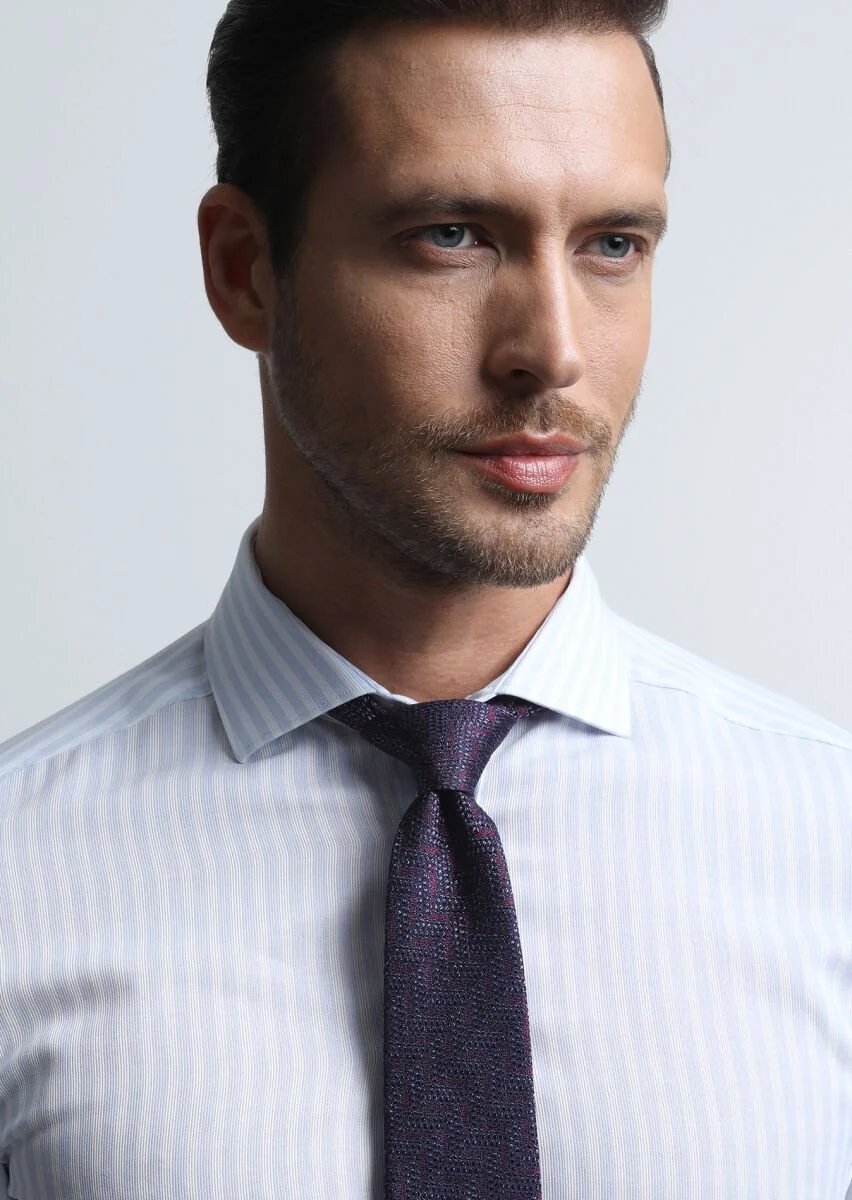 Blue Striped Slim Fit Weaving Classical 100% Cotton Shirt - 3