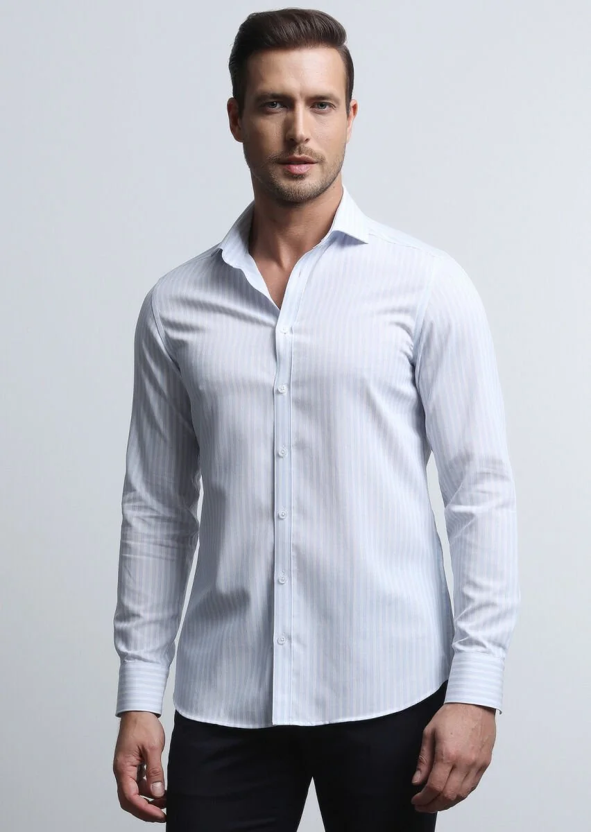 Blue Striped Slim Fit Weaving Classical 100% Cotton Shirt - 4