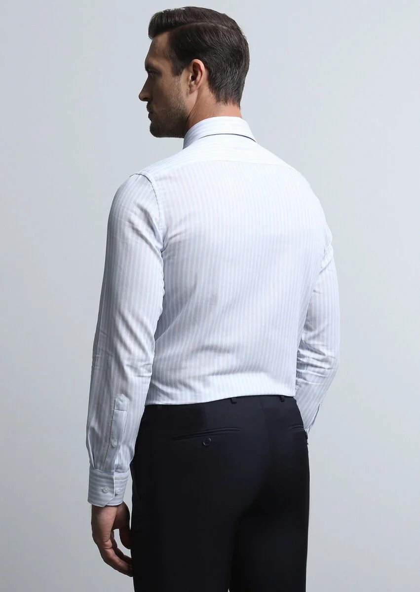 Blue Striped Slim Fit Weaving Classical 100% Cotton Shirt - 5