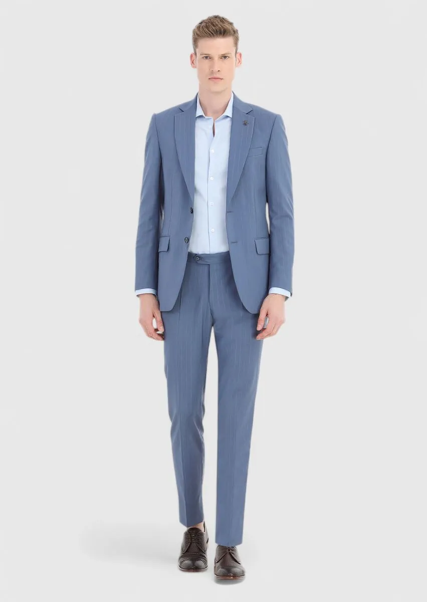 Blue Striped Thin&Taller Slim Fit 100% Wool Suit - 1