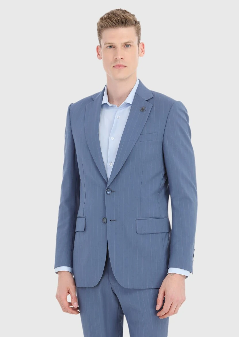 Blue Striped Thin&Taller Slim Fit 100% Wool Suit - 2