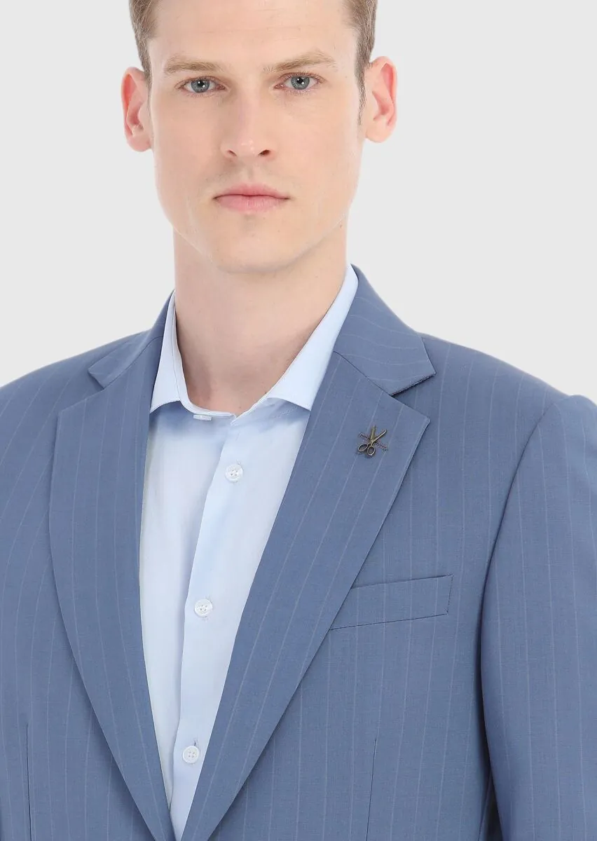 Blue Striped Thin&Taller Slim Fit 100% Wool Suit - 3