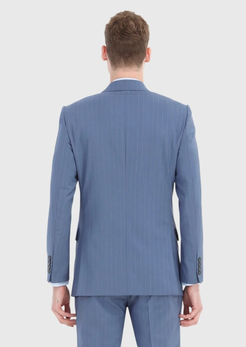 Blue Striped Thin&Taller Slim Fit 100% Wool Suit - 5