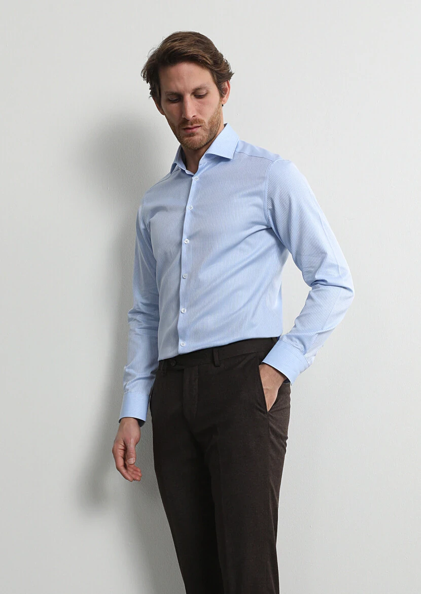 Blue Striped Weaving Classical 100% Cotton Shirt - 2