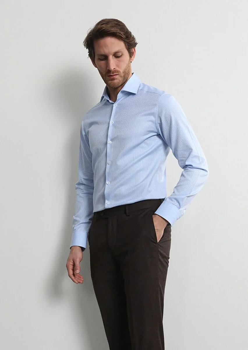Blue Striped Weaving Classical 100% Cotton Shirt - 2