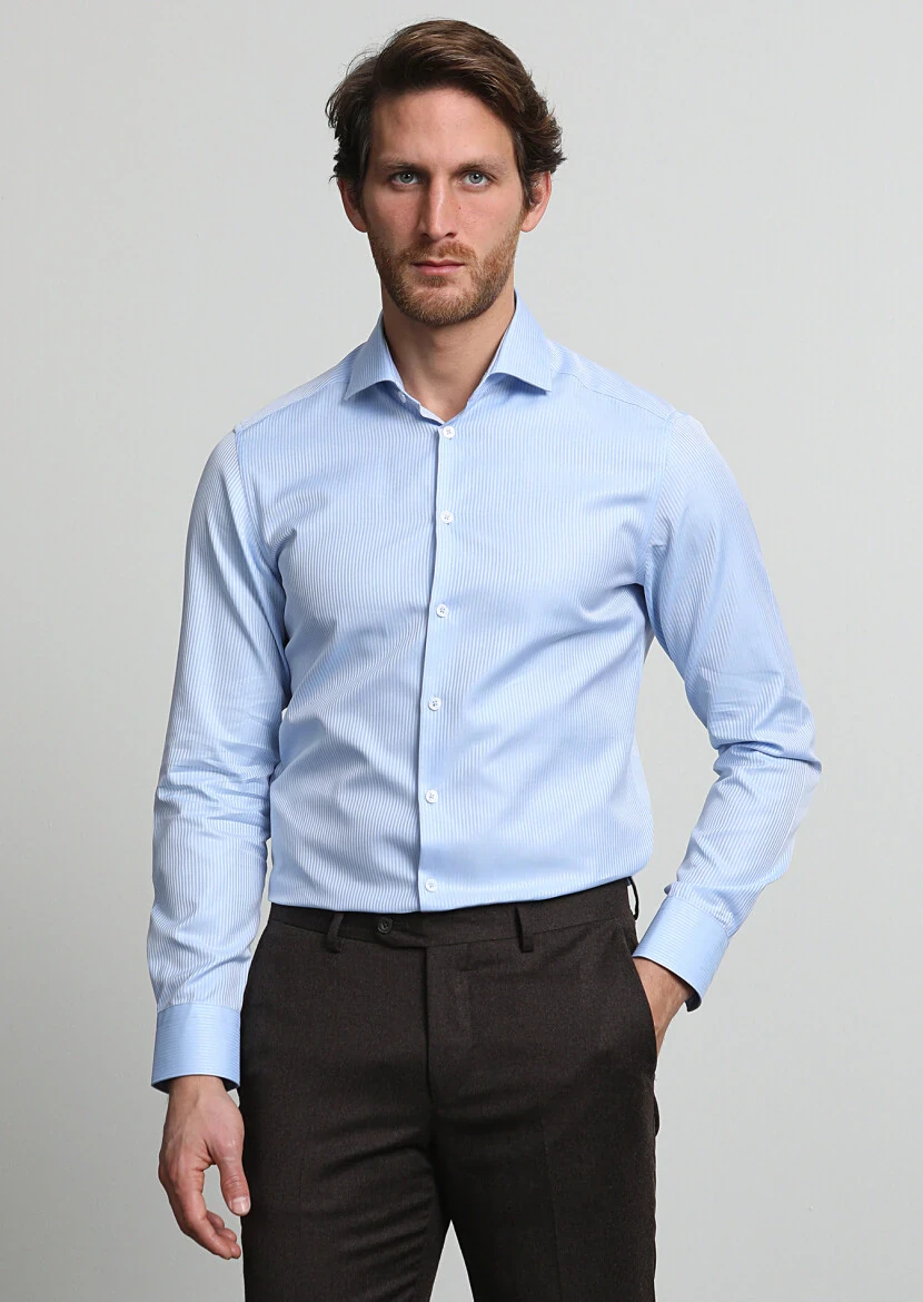 Blue Striped Weaving Classical 100% Cotton Shirt - 3
