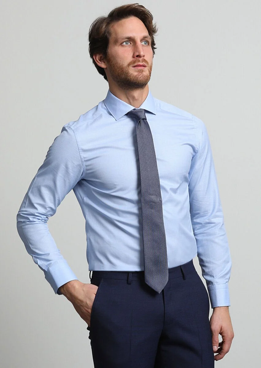 Blue Striped Weaving Classical 100% Cotton Shirt - 1