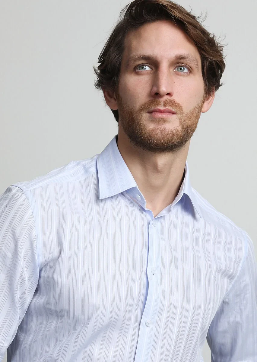 Blue Striped Weaving Classical 100% Cotton Shirt - 1