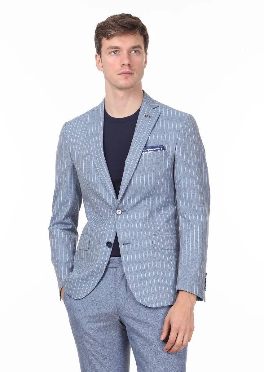 Blue Striped Zeroweight Slim Fit Silk Blended Suit - 1