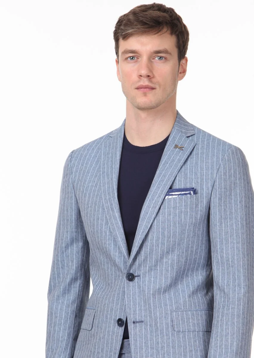 Blue Striped Zeroweight Slim Fit Silk Blended Suit - 2