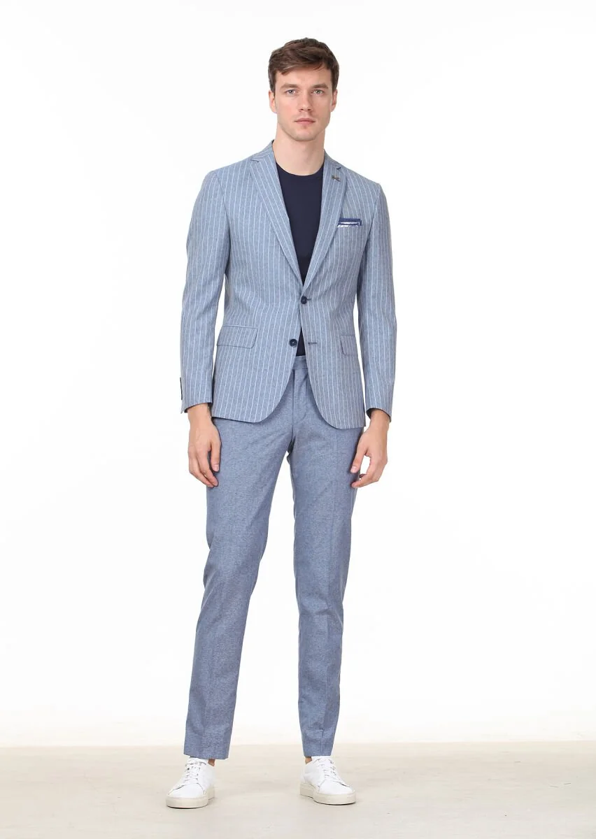 Blue Striped Zeroweight Slim Fit Silk Blended Suit - 3