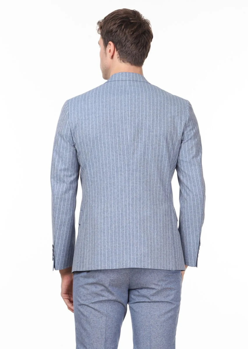 Blue Striped Zeroweight Slim Fit Silk Blended Suit - 4