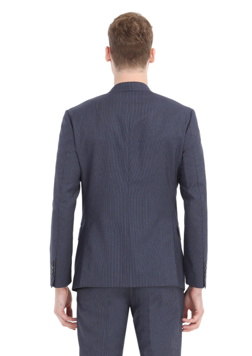 Blue Striped Zeroweight Slim Fit Wool Blended Suit - 5