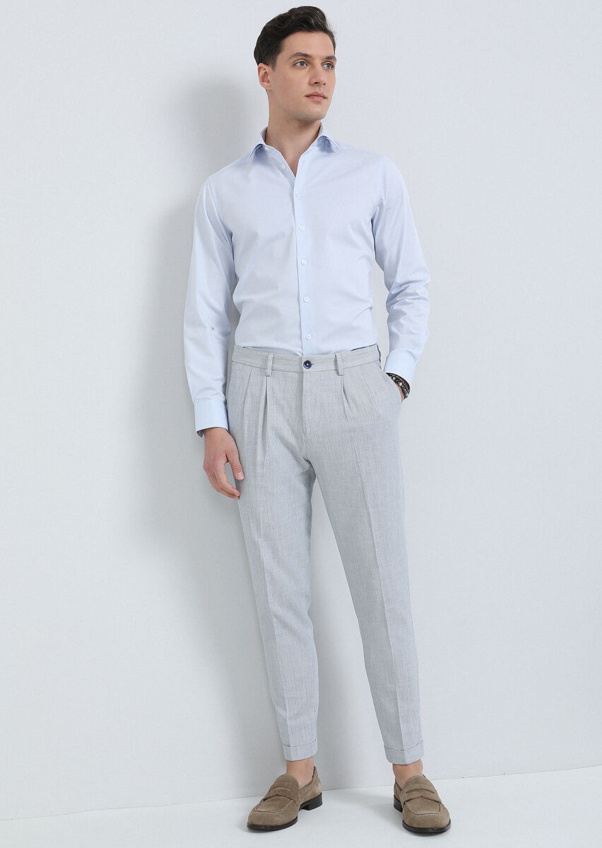 Blue Weaving Carrot Fit Smart Casual 100% Cotton Trousers - 1