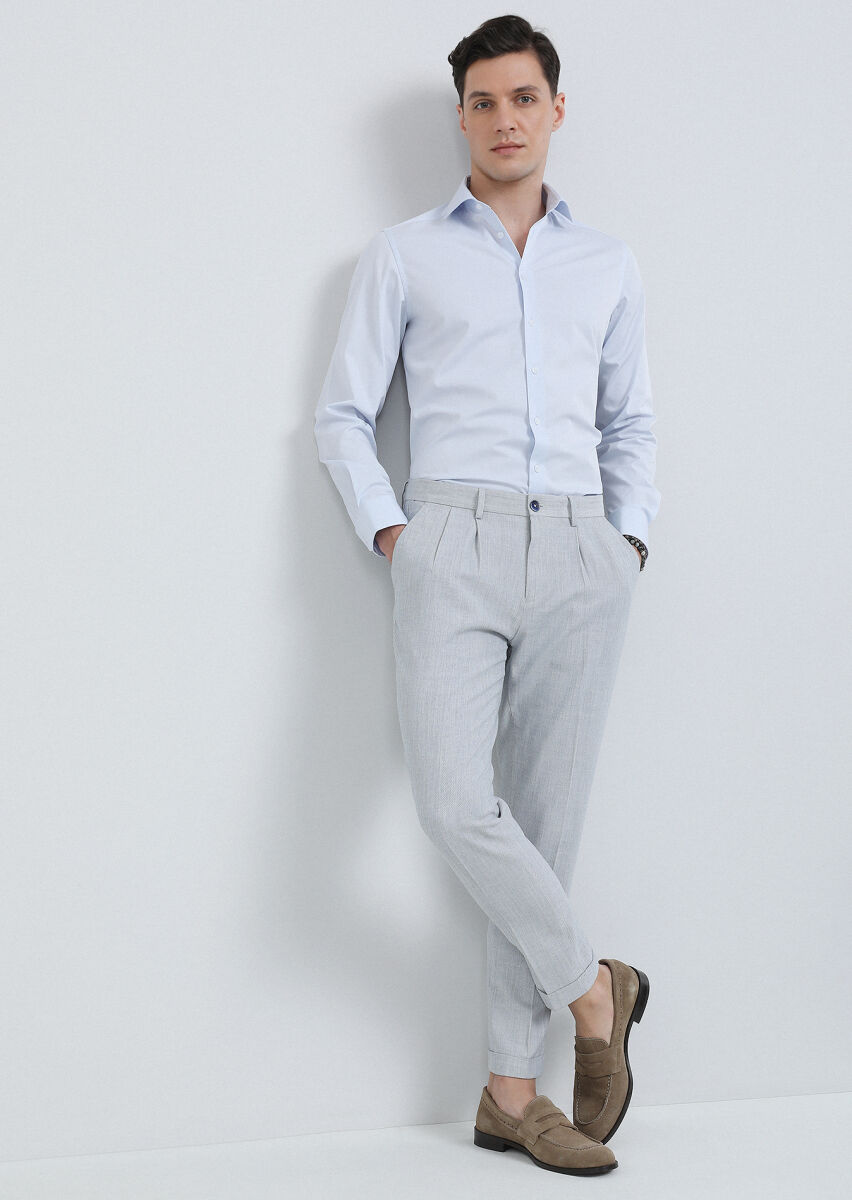 Blue Weaving Carrot Fit Smart Casual 100% Cotton Trousers - 2