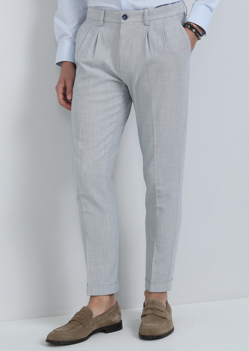 Blue Weaving Carrot Fit Smart Casual 100% Cotton Trousers - 3