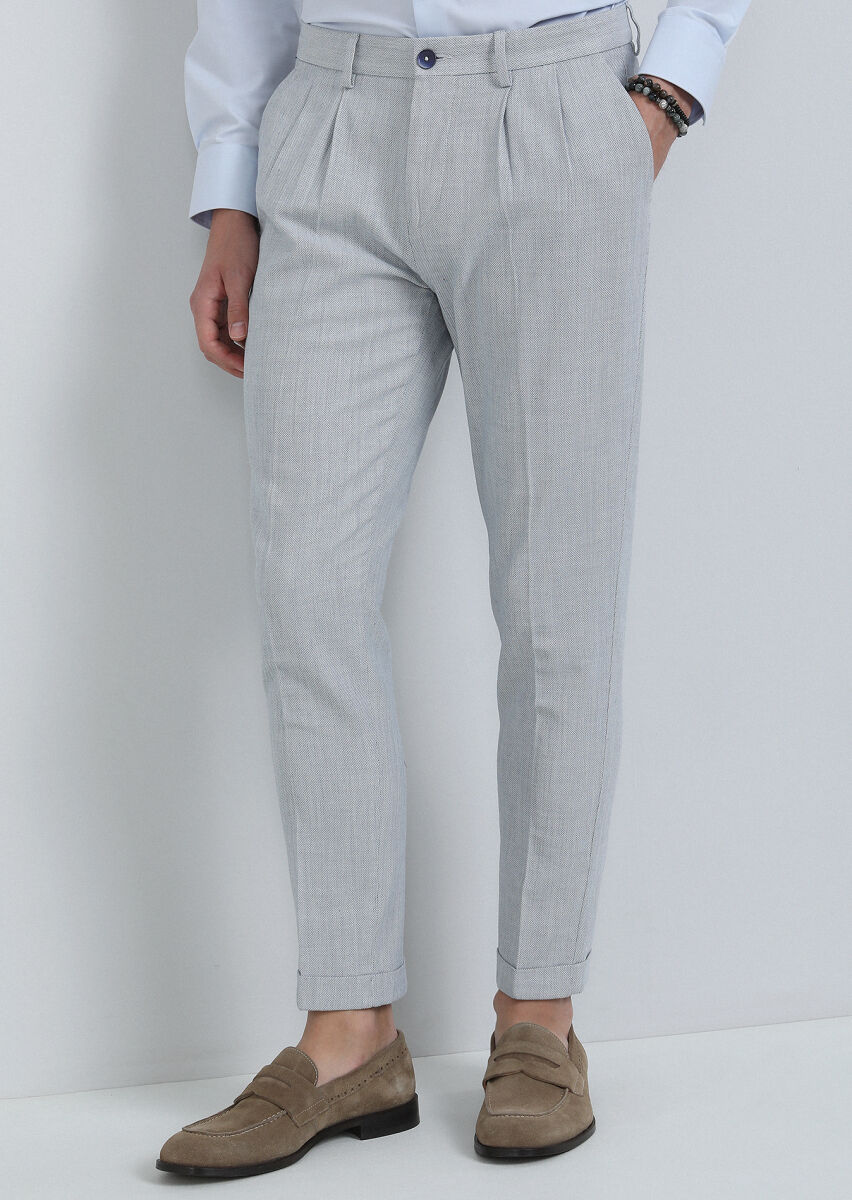 Blue Weaving Carrot Fit Smart Casual 100% Cotton Trousers - 3