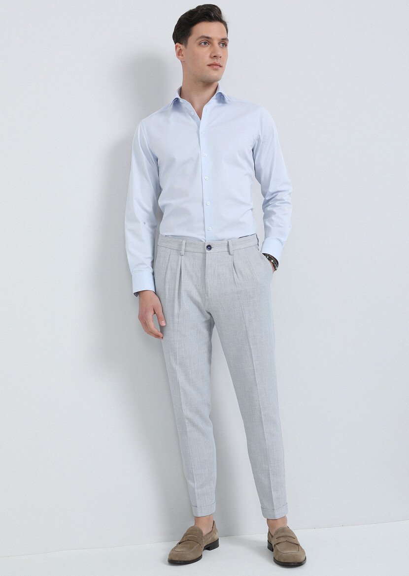 Blue Weaving Carrot Fit Smart Casual 100% Cotton Trousers - 1