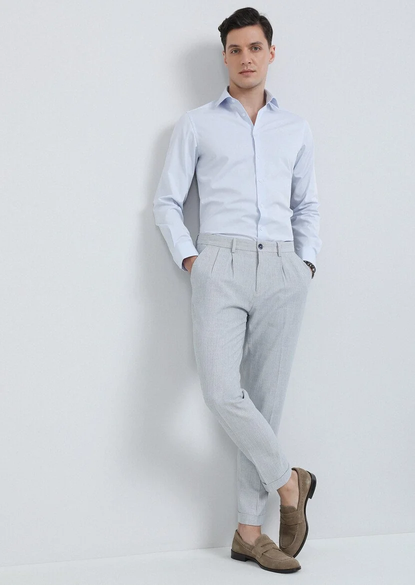Blue Weaving Carrot Fit Smart Casual 100% Cotton Trousers - 2