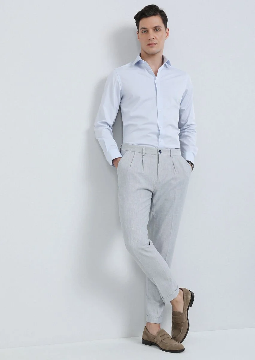 Blue Weaving Carrot Fit Smart Casual 100% Cotton Trousers - 2