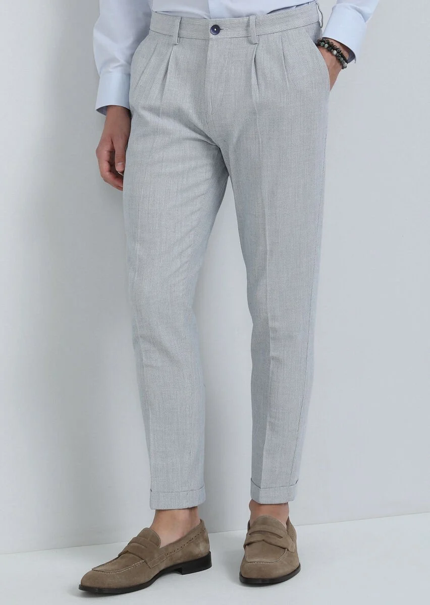 Blue Weaving Carrot Fit Smart Casual 100% Cotton Trousers - 3