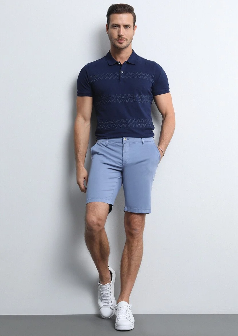 Blue Weaving Regular Fit Casual Cotton Blended Bermuda - 1